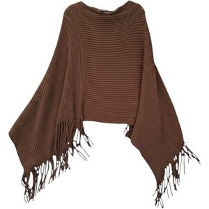 Max Edition Brown Ribbed Fringe Poncho Sweater One Size Acrylic Boho Wrap